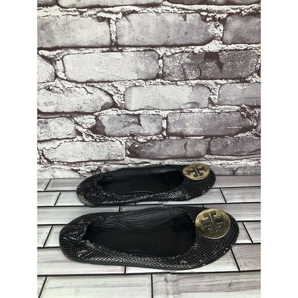 Tory Burch Reva Gold Logo Black Leather Snake Skin Ballet Flats Women Sz 7.5M US - Picture 16 of 16